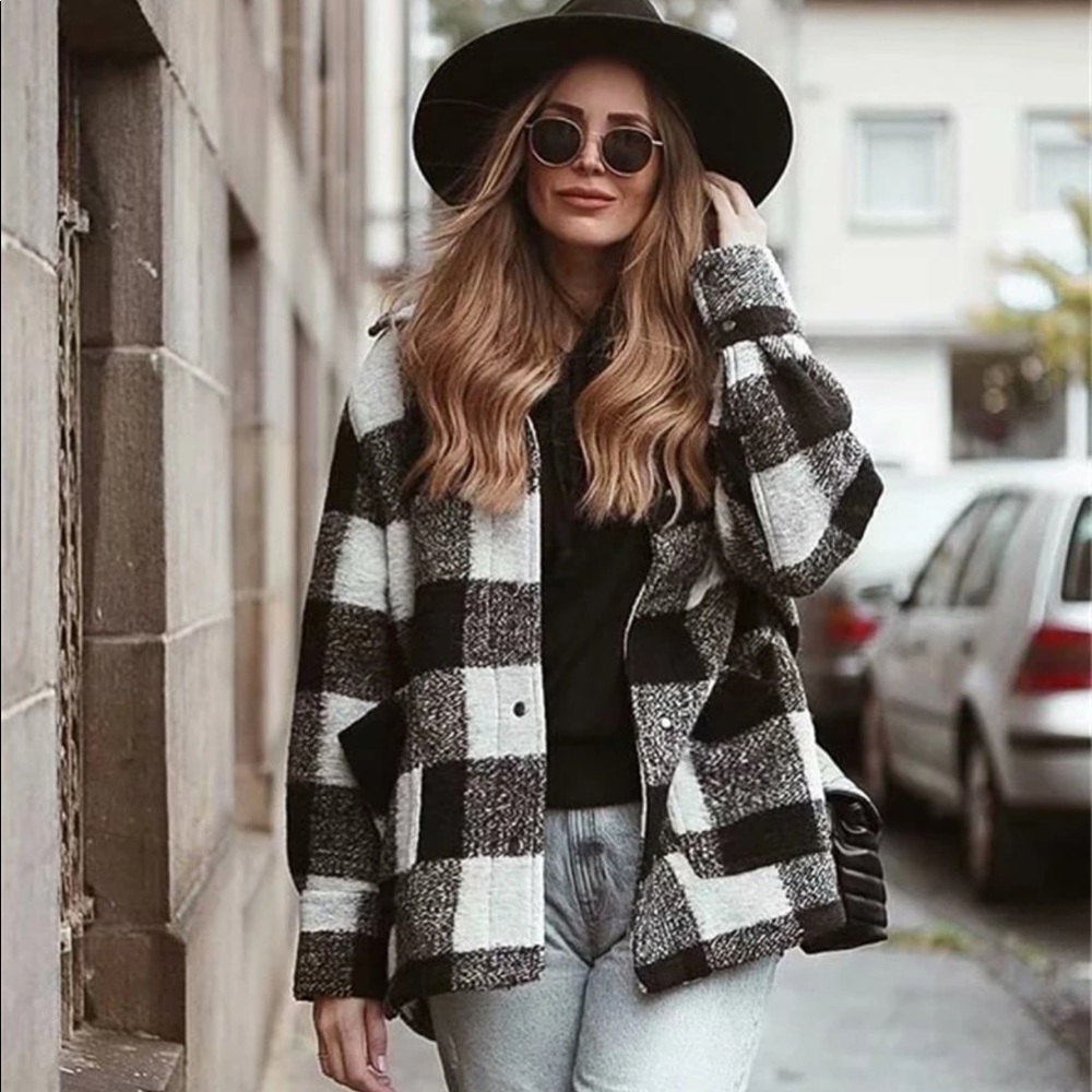 Boyfriend Fit Plaid Jacket Coat Black White - Picture 3 of 16
